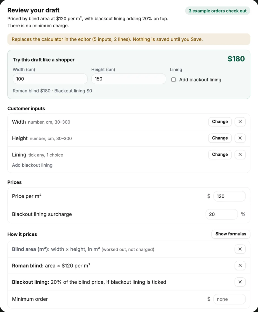 A drafted calculator with its inputs, prices and a try-it panel
