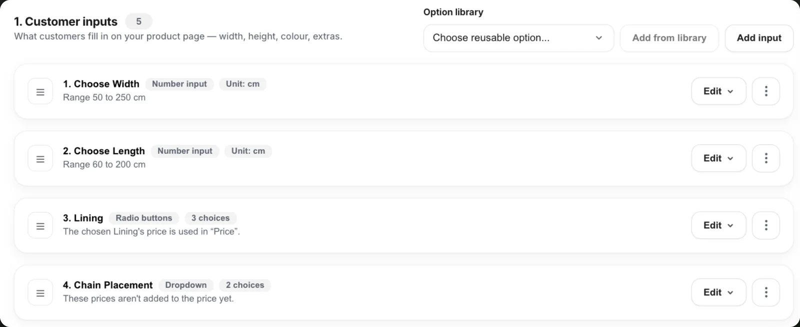 The MeasureLab builder: customer inputs for width, length, lining and chain placement